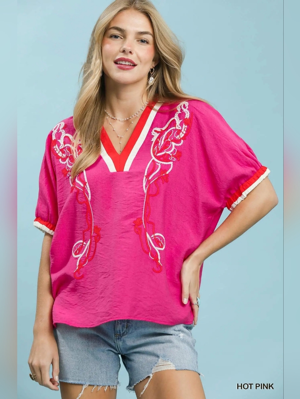 Umgee Embroidered Floral V-Neck Short Sleeve Blouse with Contrast Trim